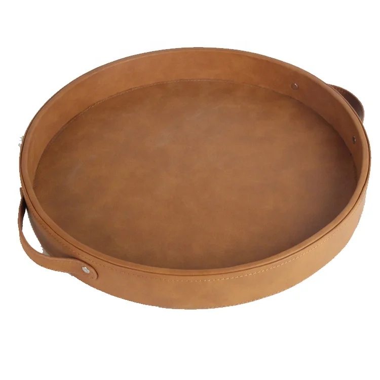 Round Faux Leather Serving Tray for Oragnization and Home Decoration