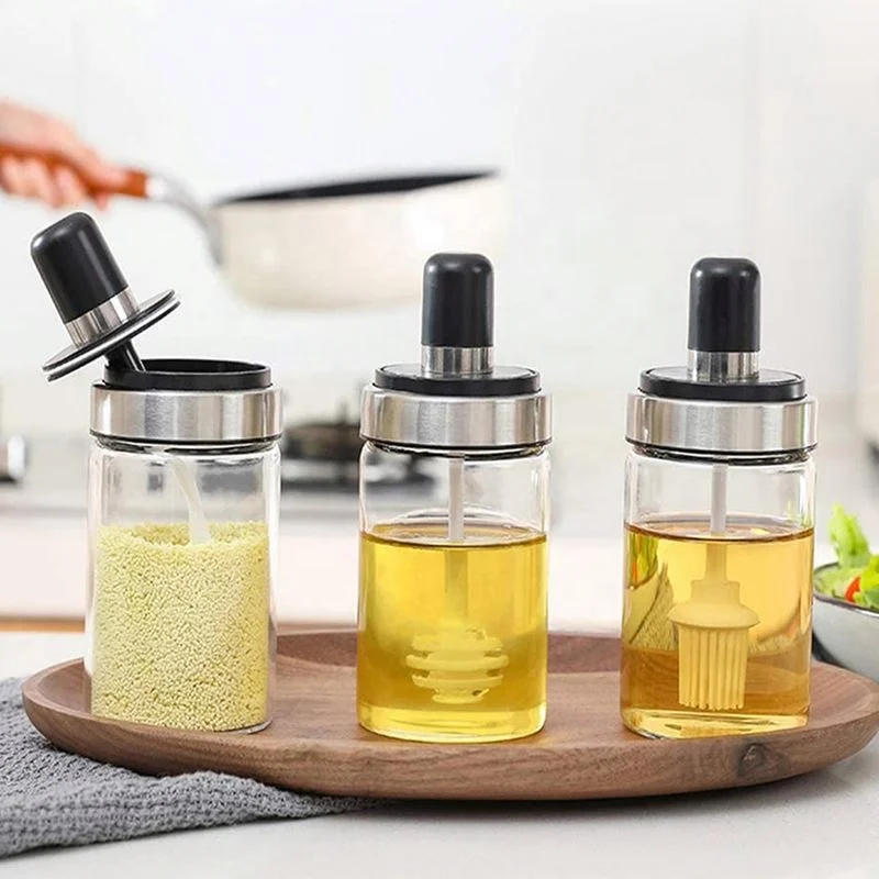 Spice Jar 200Ml Condiment Bottles Container  Organizer  Honey Jar  With Spoon With Brush