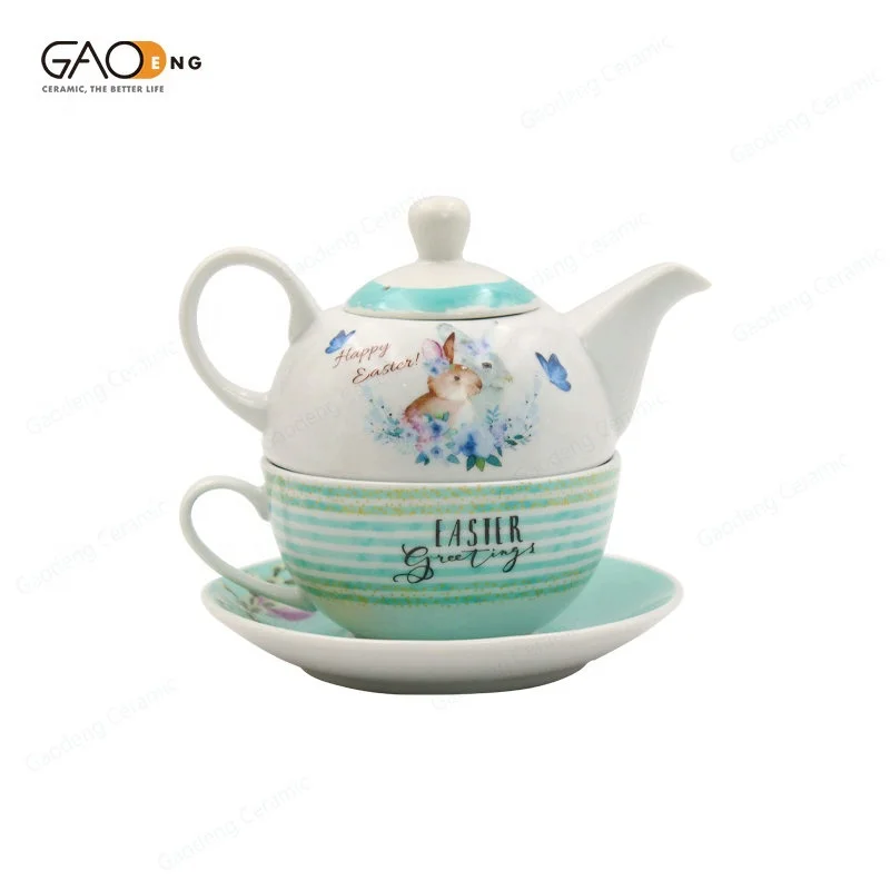 Factory Wholesale White Porcelain Tea Cup 360ml Customizable Ceramic Teapot with Easter and Rabbit Pattern