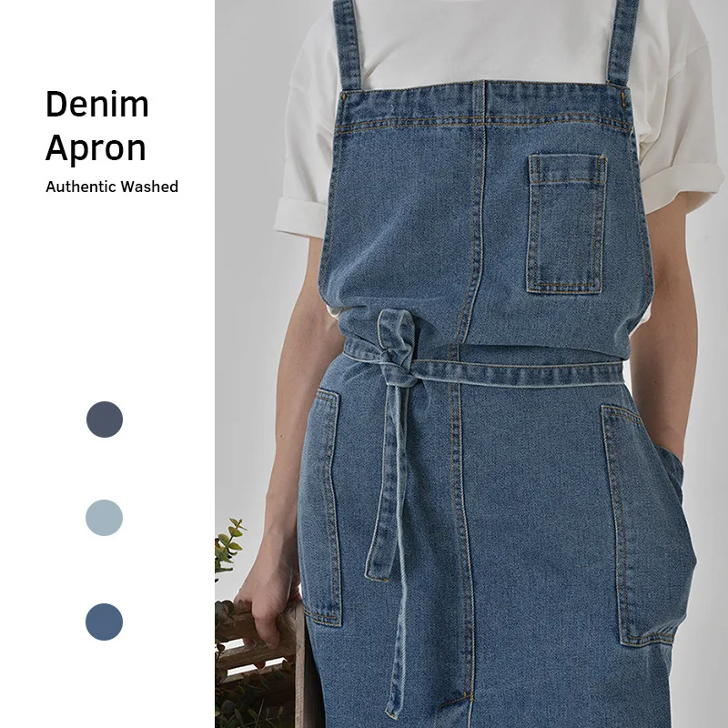 Cotton canvas thickened washed denim apron anti fouling household kitchen work uniform bib apron