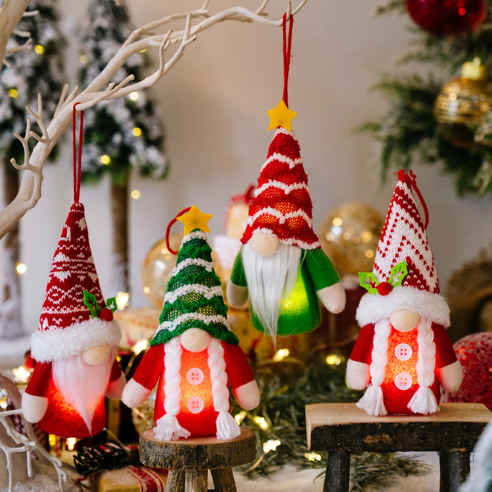 Newest Knitted Christmas Tree Hanging With Light Gnome Christmas Wooden Pendant Ornament for Xmas Gift Tree Decor