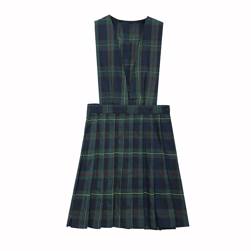 Customize Primary Kids School Uniforms Two Tab Tunics V-neck 100%Polyester Girl V-neck Waist Elastic Plaid School Jumper