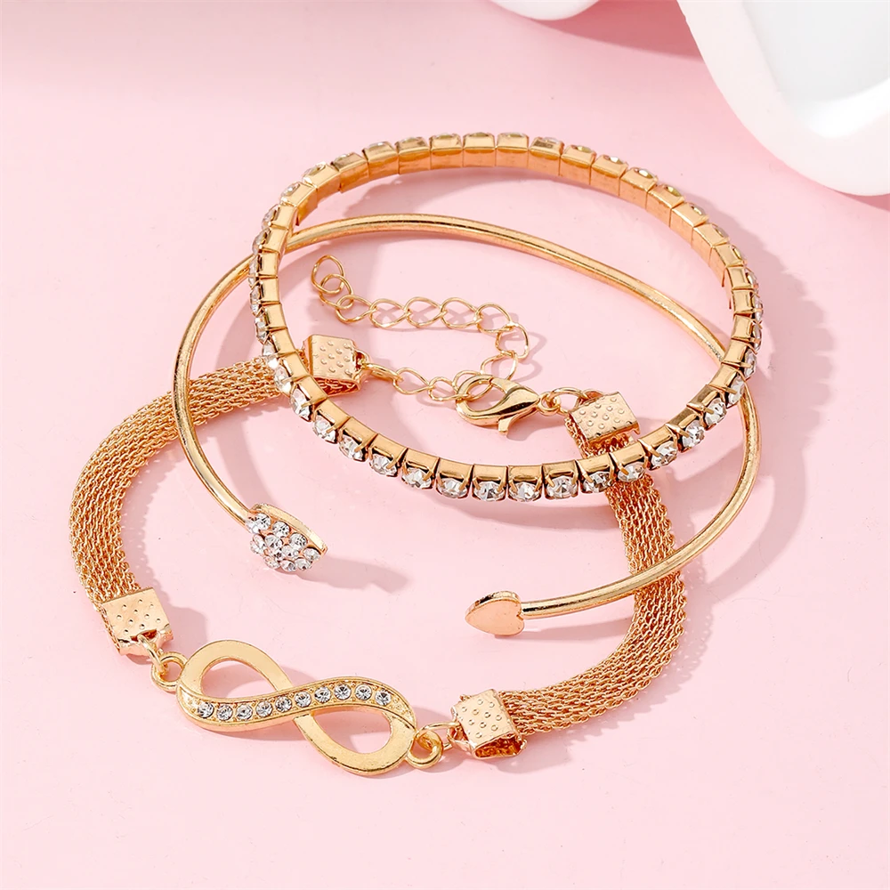 Women Fashion Jewelry Crystal Peach Heart Open Charm Bangle Girls Bracelet Set Multilayer Full Diamond Heart Bracelet