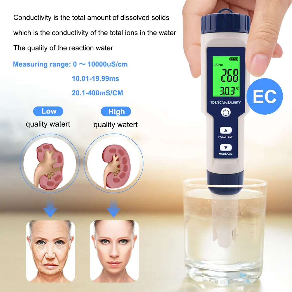 0-60 Celsius degree tds meter sensor 5 in 1 TDS/EC/PH/Salinity/Temp water quality multimeter