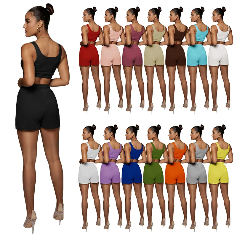 HR8163 2022 high quality summer suits vest outfits tank top and shorts sets custom logo sports bra and shorts set Women