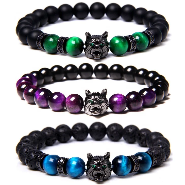 HIGH QUALITY Genuine Lava Tiger Eyes Healing Natural Stone Beads Men Charm Wolf Head Bracelet Jewelry For Male