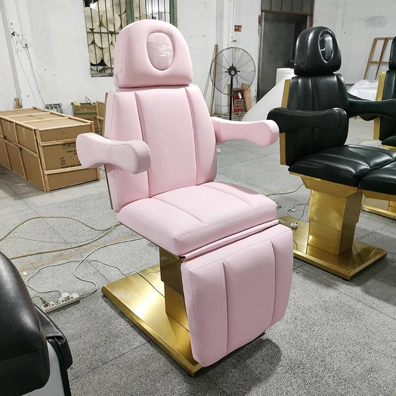 Beauty salon furniture pink leather lash massage table bed 3 motor gold base examination electric massage couch