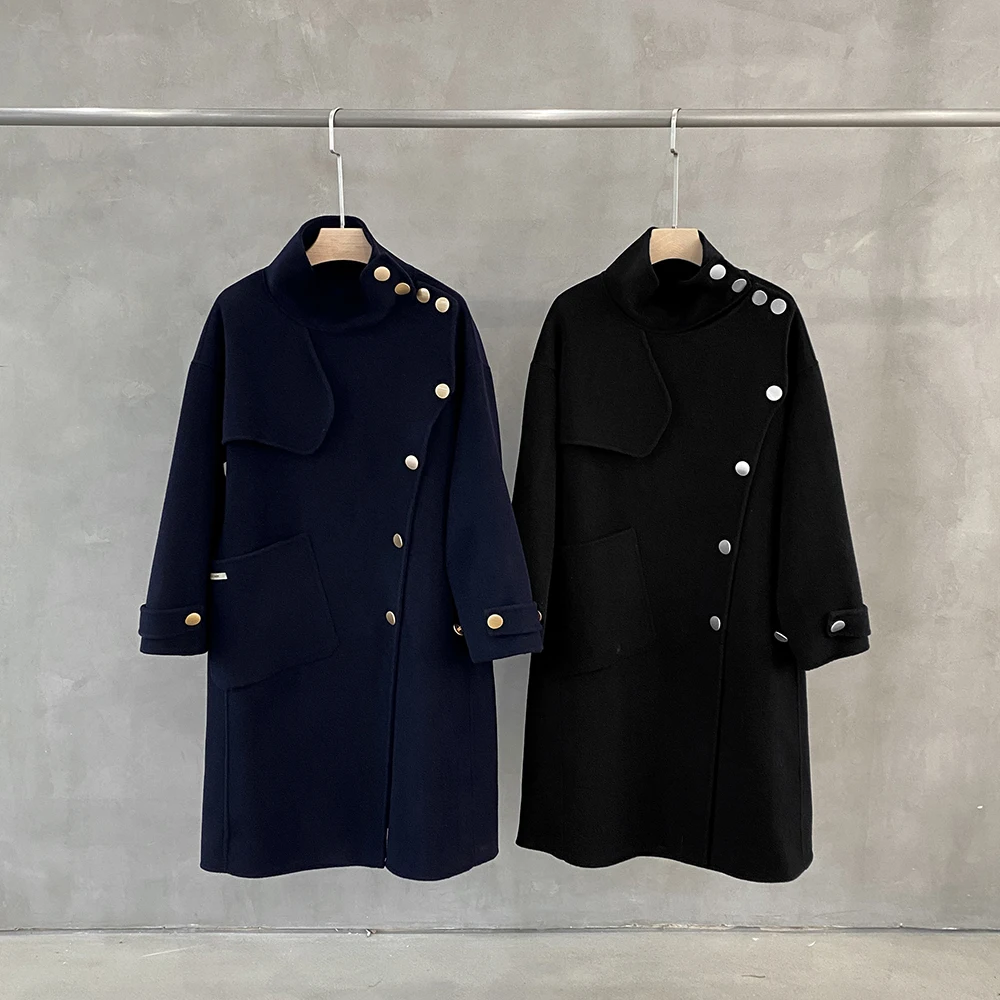 custom elegant excellent quality women cashmere wool coat with gold button decoration