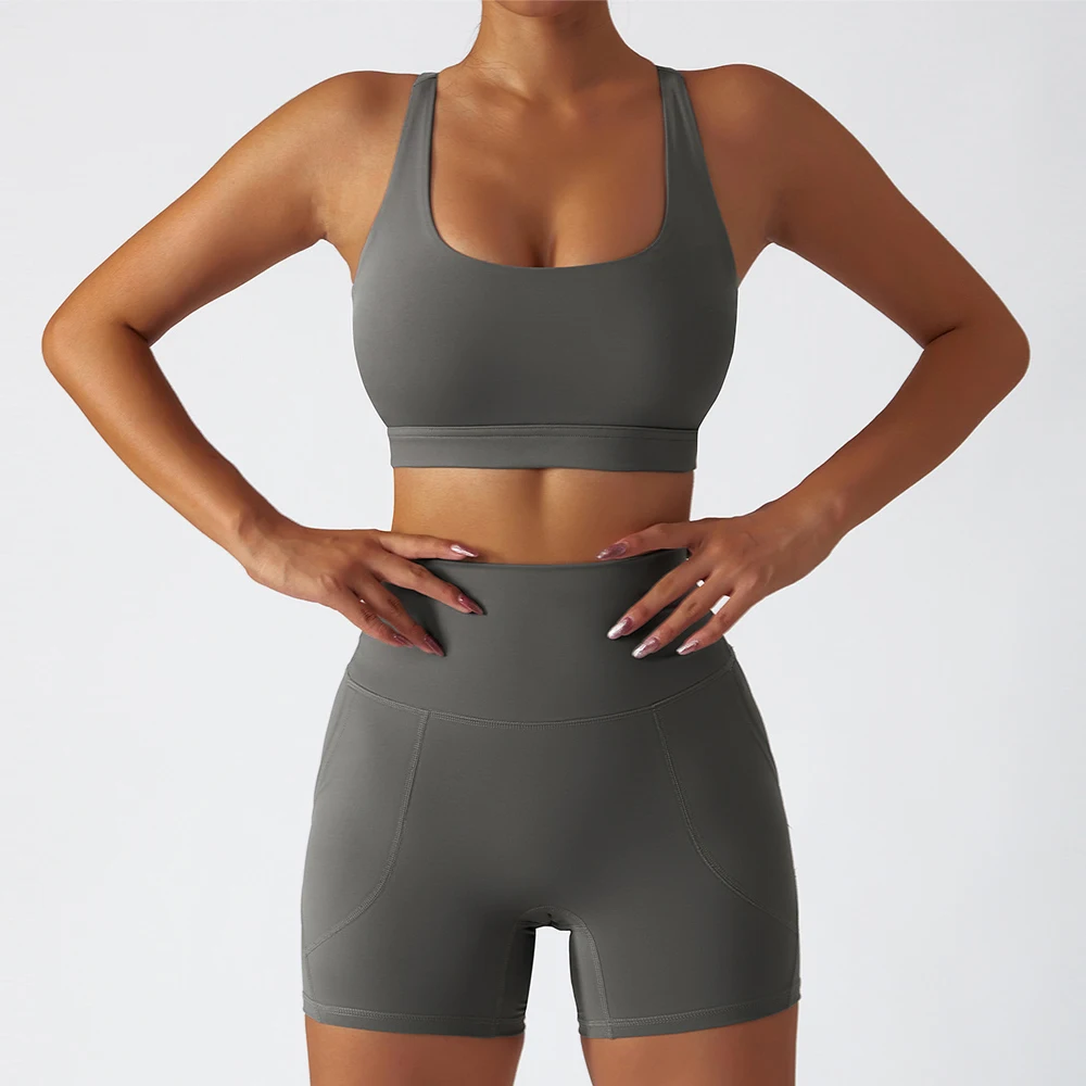 Eco Friendly Recycled Fabric 2 Piece With Pockets Short Leggings Women Fitness & Yoga Wear Sports Bra Gym Fitness Sets