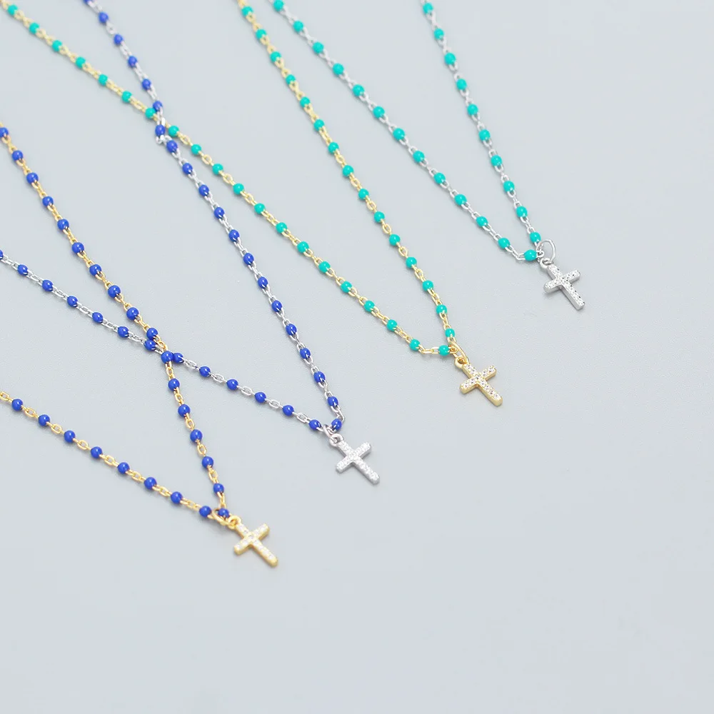 zirconia inlaid corss pendant with Enamel chain necklace Fashion light luxury S925 sterling silver jewelry for women wholesale