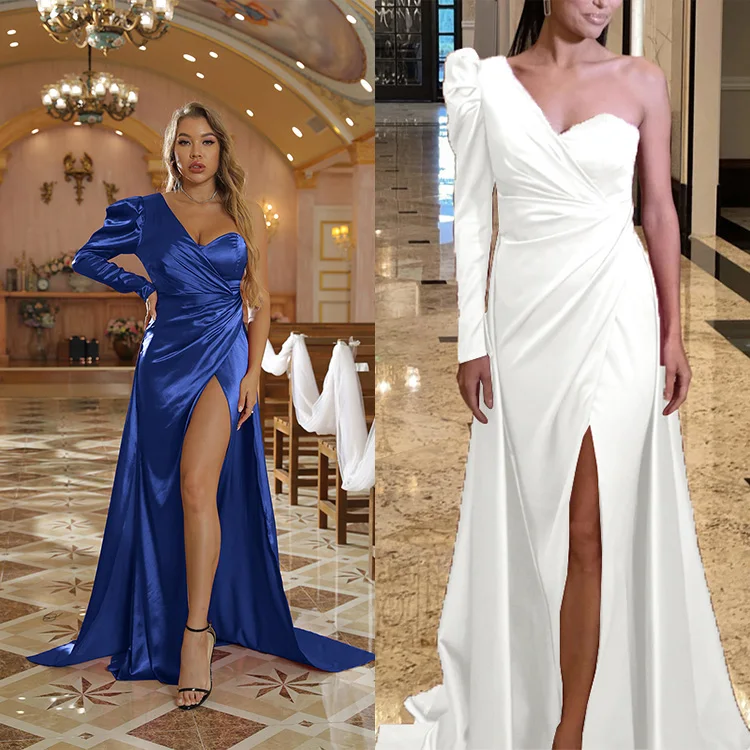 robe de soiree New Long Sleeve Satin Dress Long Slit One Shoulder Trailing Banquet Evening Dress
