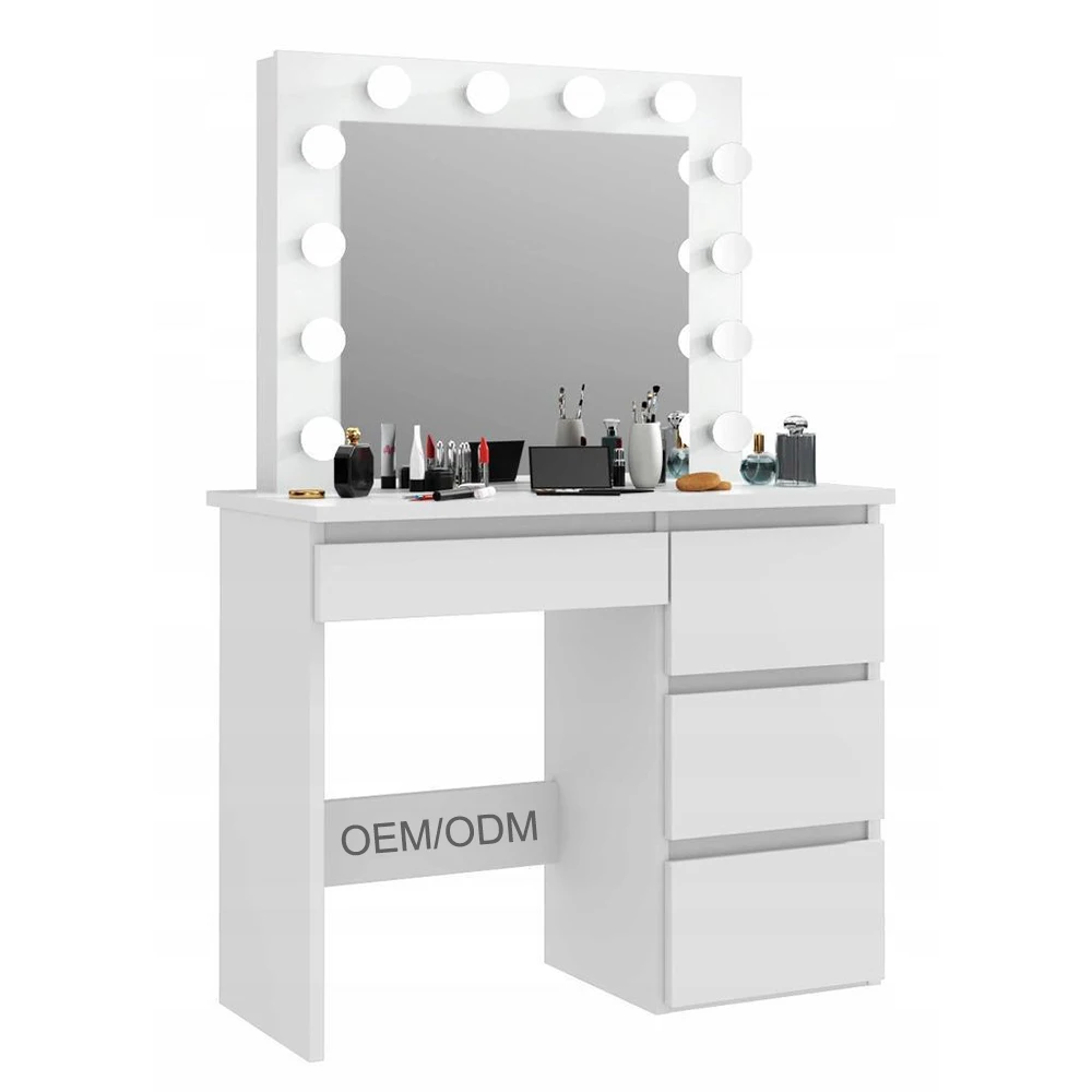Wholesale Wood Furniture White Classic Corner Makeup Vanity Modern Cheap Girl Led Light Mirror Dressing Table