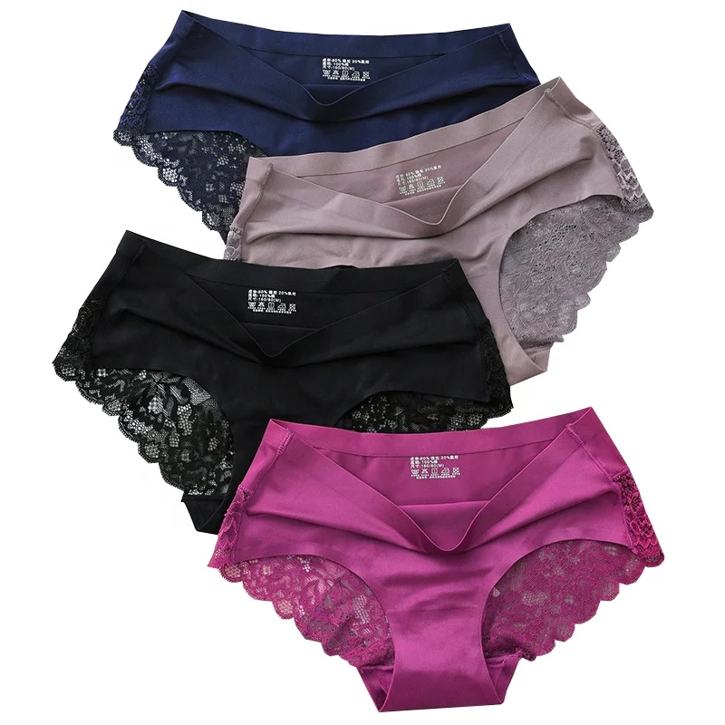 1801 Ladies Sexy Satin Ice Silk Briefs Underpants Women Seamless Lace Panties