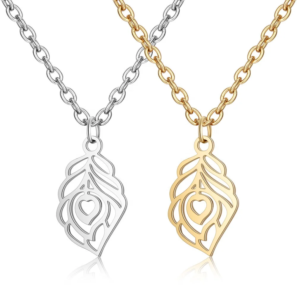 
Unisex personalized gold silver plated peacock feather shape jewelry hollow chain 18k gold necklace for women 