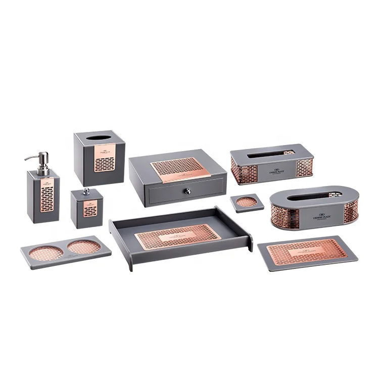 
2021 new design for luxury 5 star hotel metal decorative acrylic hotel room supplies with acrylic coaster ,soap holder 