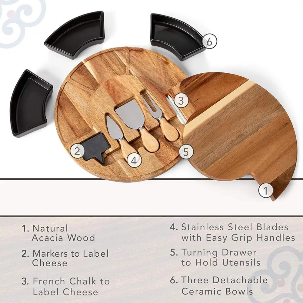 Новый дизайн, Вращающаяся круглая сервировочная тарелка из дерева акации, доска для сыра с 2 ножом, Мраморная тарелка, 3 керамических чаши