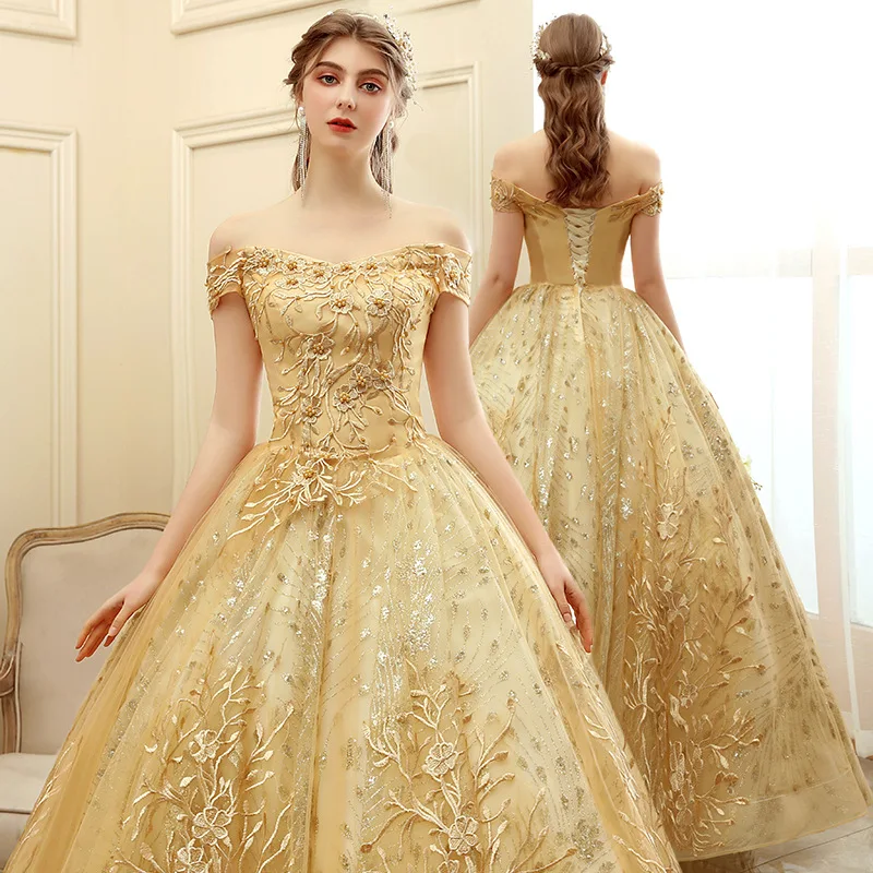 91706 Simple Costume Banquet Evening Dress For Women Evening Dresses Yellow Golden Party Wear Gown