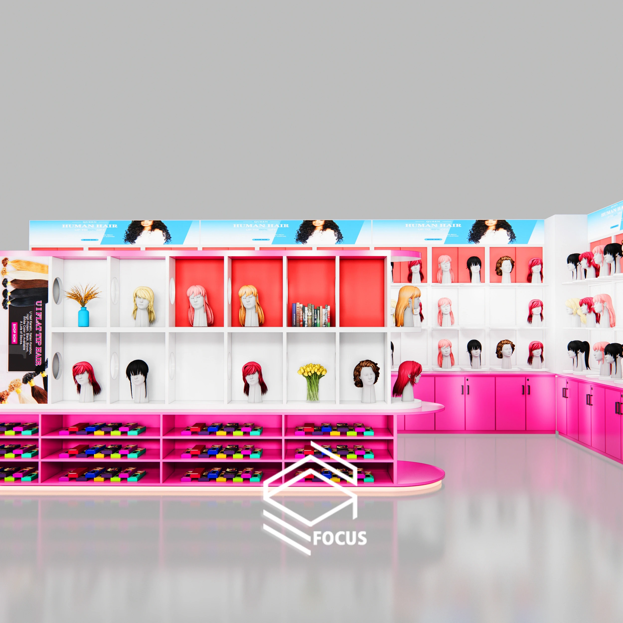 Beauty Shop Wig Display Showcase Furniture Beauty Store Display Hair Extension Salon Wall Display Cabinet For Wig Store Design