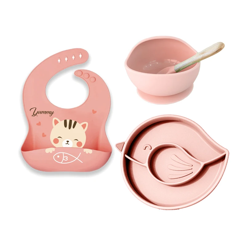 Wholesale 2022 New Design Factory supplies silicone baby feeding set bib spoon bowl baby suction plate  set