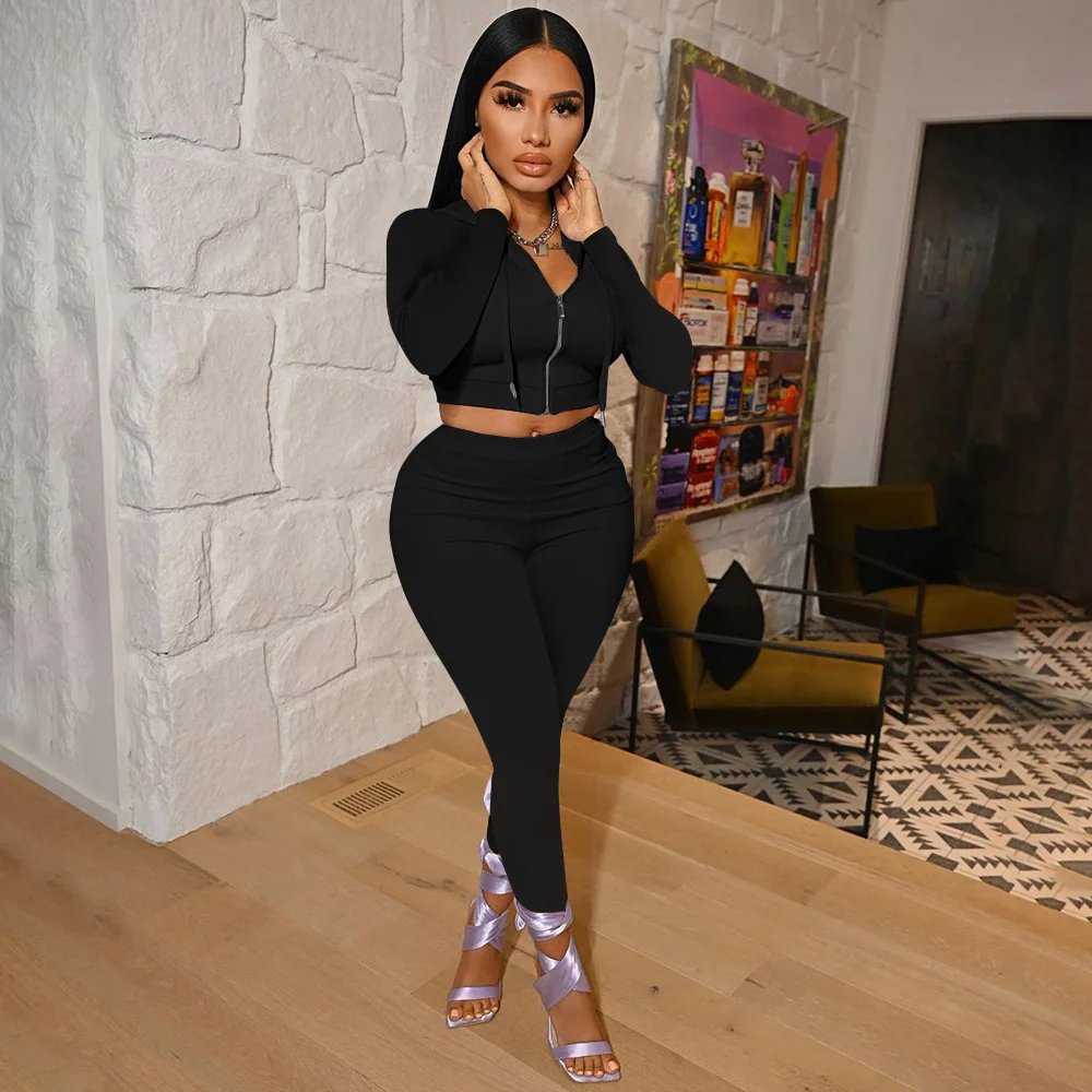 Wholesale Sports Wear Custom Logo Hoodie Training & Jogging Wear Tracksuits Jogger Women 2 Piece Sets Sweat Suits Biker Set