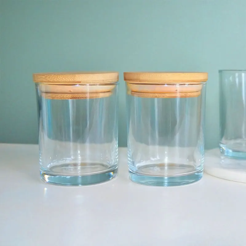 glass container candles 8oz bulk empty clear glass candle container with bamboo wood zinc alloy lid