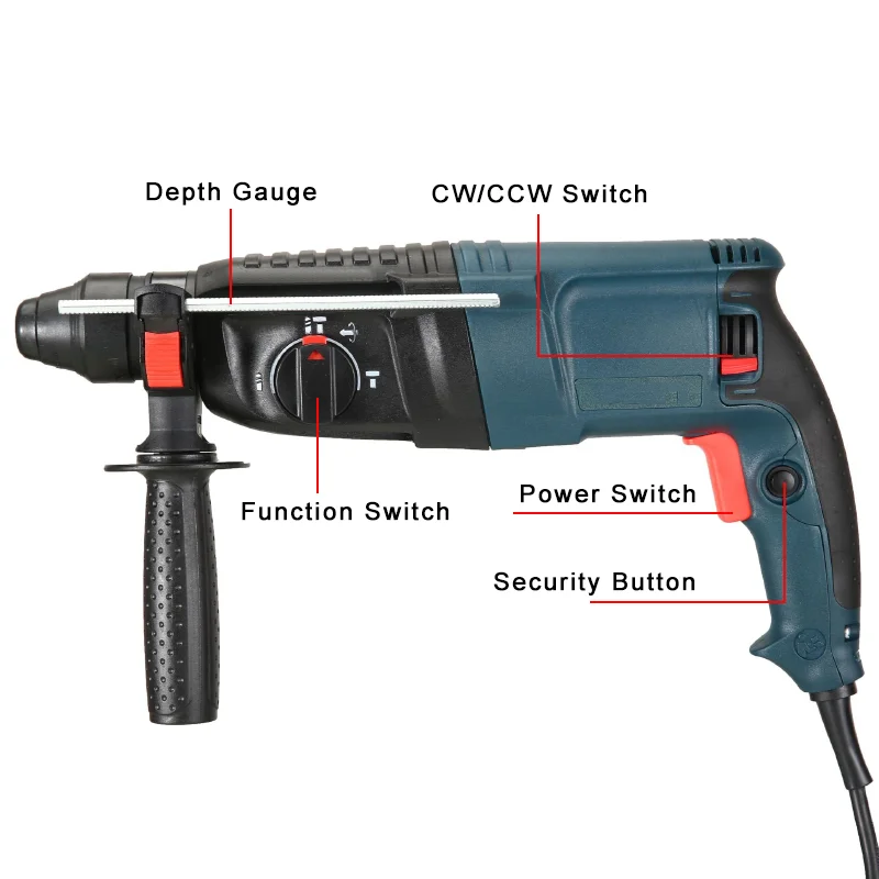 800W 3 Function Jack Hammer Drill 26mm Variable Speed Rotary Hammer Drill Machine For Concrete Steel Wood Drilling