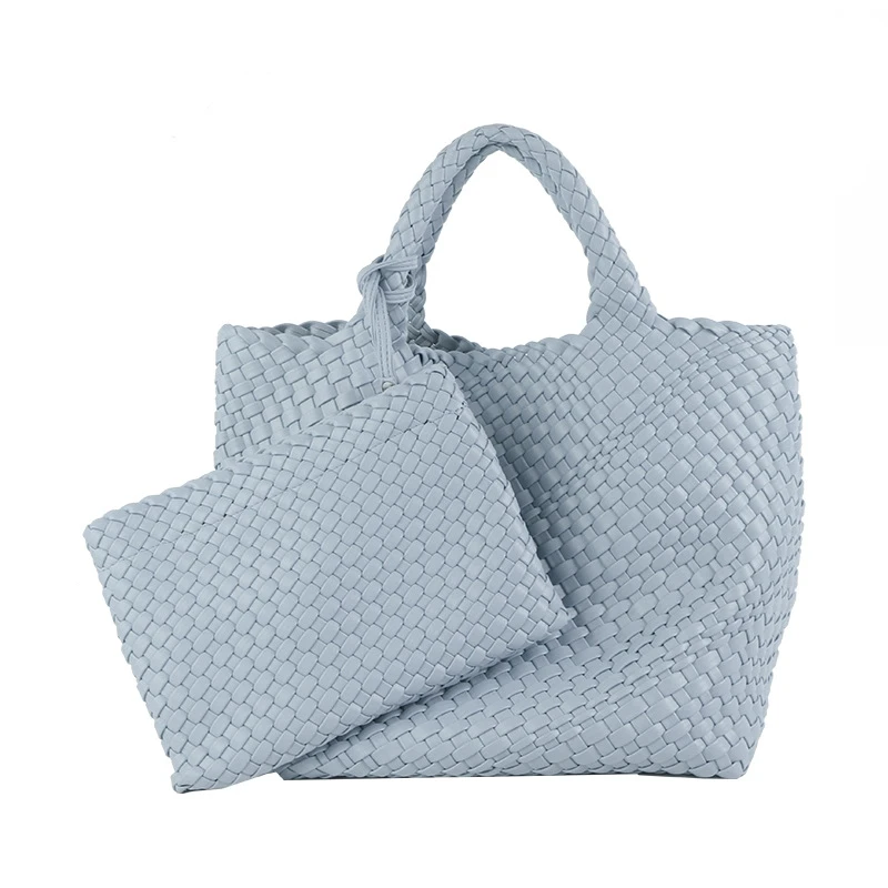 Ready to Ship Woven Tote Bag Soft PU Leather Weave Handbag in Solid Color Pure Handmade Woven Tote Bag with Mtached Weave Purse