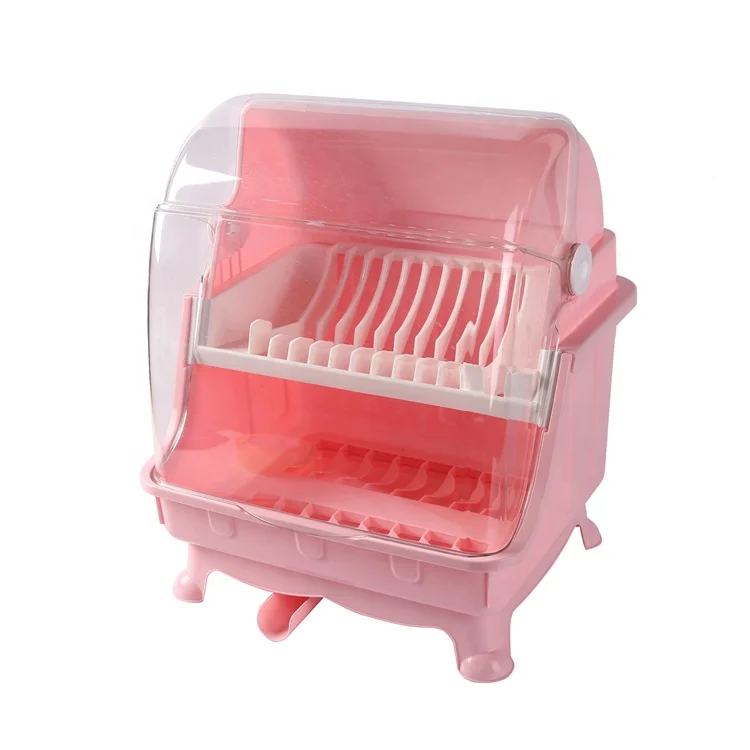 Kitchen Pink Plastic Dish Drying Rack Transparent Lid Double Layer Dish Drain Rack Dish Rack With Sink