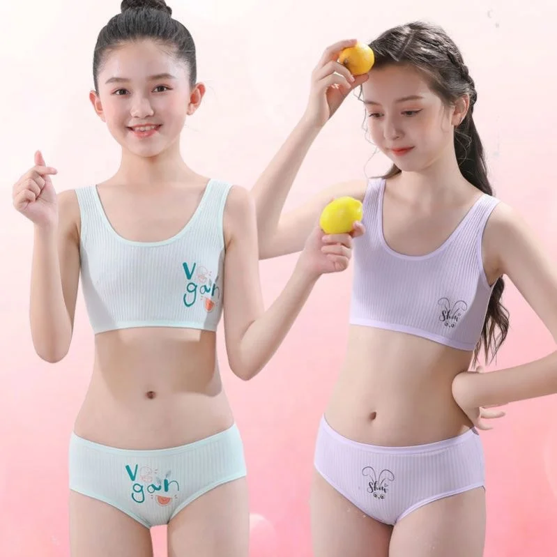 Girls Lovely Teenage Kids Beginners Seamless Growth Period Vest Cotton Camisole Bra Panty Set Underwear For Kids