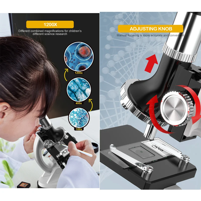 100X-1200X 28-Pieces Student Beginner Microscope Stem Kit Metal Body Toy Microscope With Slides, LED Light And Carrying Box