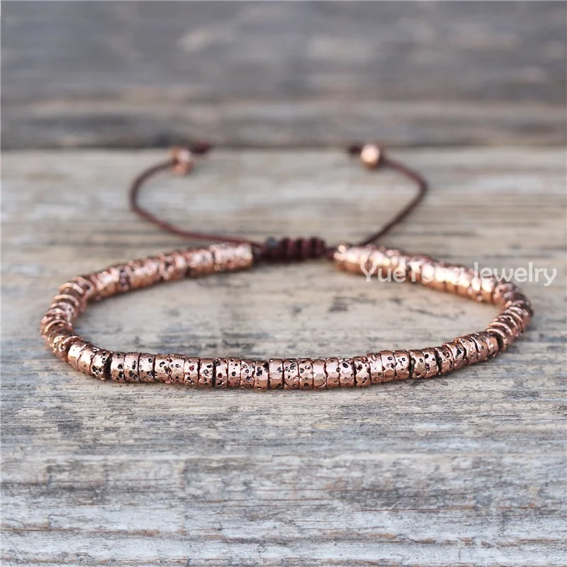 Bohemian Dainty Beaded 4mm Plated Natural Lava Stone Adjustable Bracelet Ethnic Tibetan Multi Colors Gemstone Jewelry Wholesale