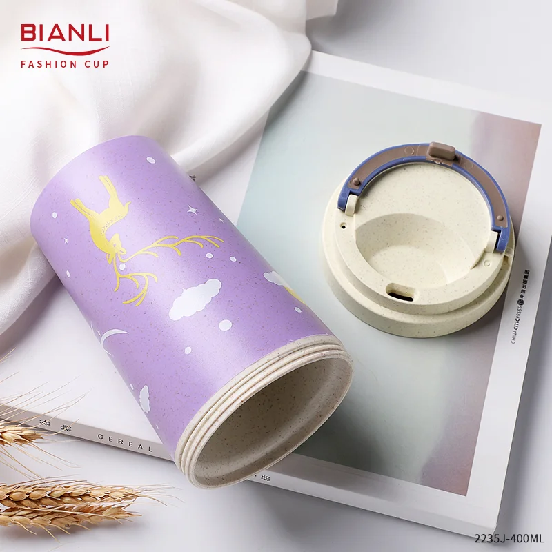 High Quality 380ml Custom Wheat Straw Material Portable Reusable Nordic Cup Double Walled Coffee Mug