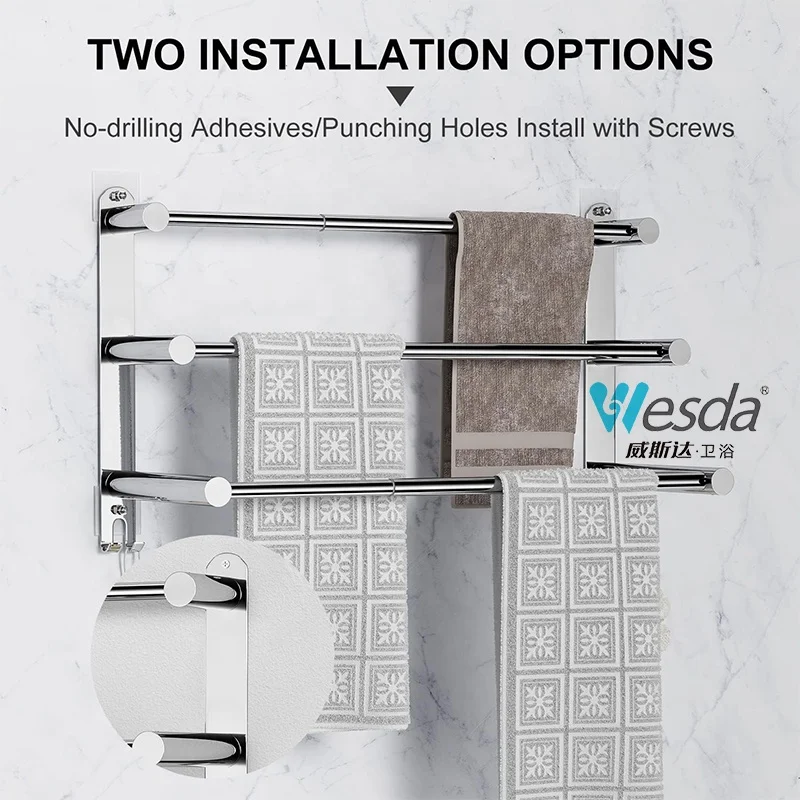 Wholesale Bathroom Towel Ladder Pendant Rod Rails 304 Stainless Steel Balcony Freely Retractable Bar Towel Rack with Hooks