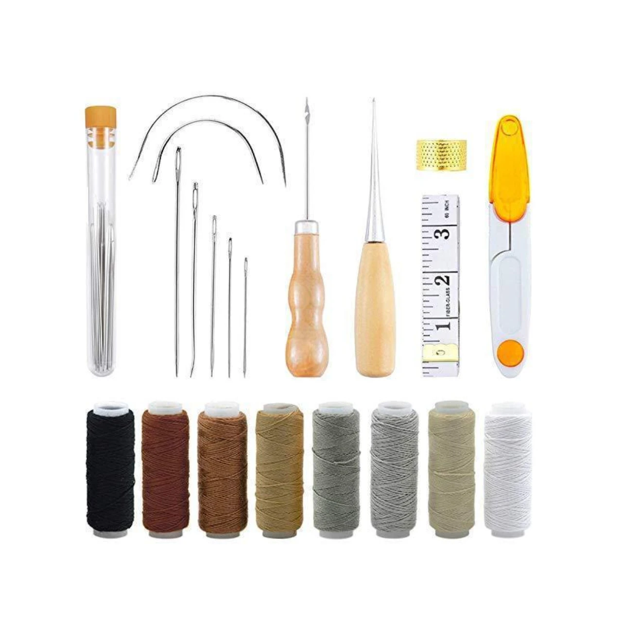 DIY Leather Craft Tools Repair Kit, Include Wax Thread Tape Measure Needles Scissors Mid-Hole Cone Log Cone Copper Ring Thimble