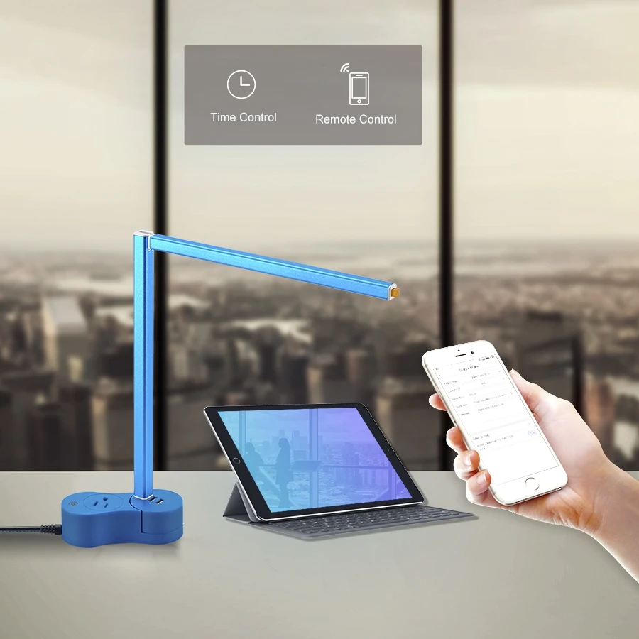 EA-200-S Smart Lamp with wifi & USB Ports and Power Outlet Rotatable 170 Degree Smart LED Light for UK (Blue)