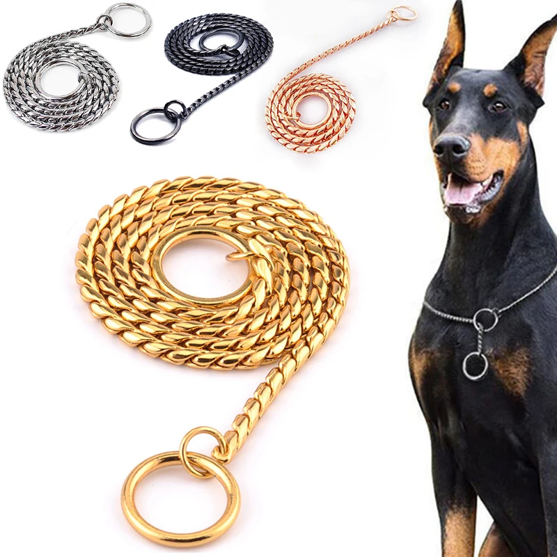 P Snake Chain Gold Dog Chain Collar Stainless Steel Metal Slip Walking Training  Chew Proof Pet Chains Collars