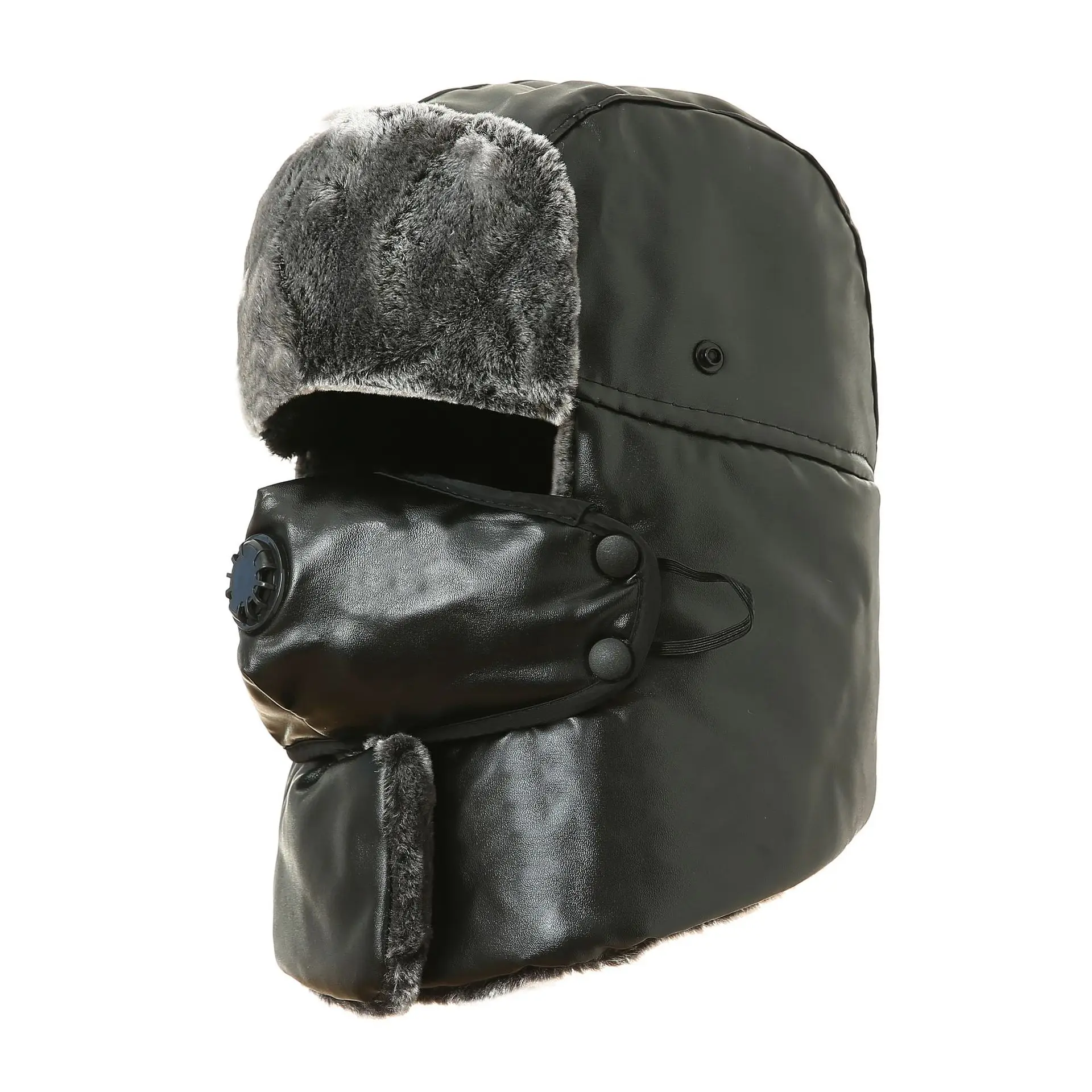 Russian Trapper Hat PU Leather Thickened Fur Soviet Ushanka Cossack Men Winter Cap Earflap Biker Mask Snow Ski Headwear