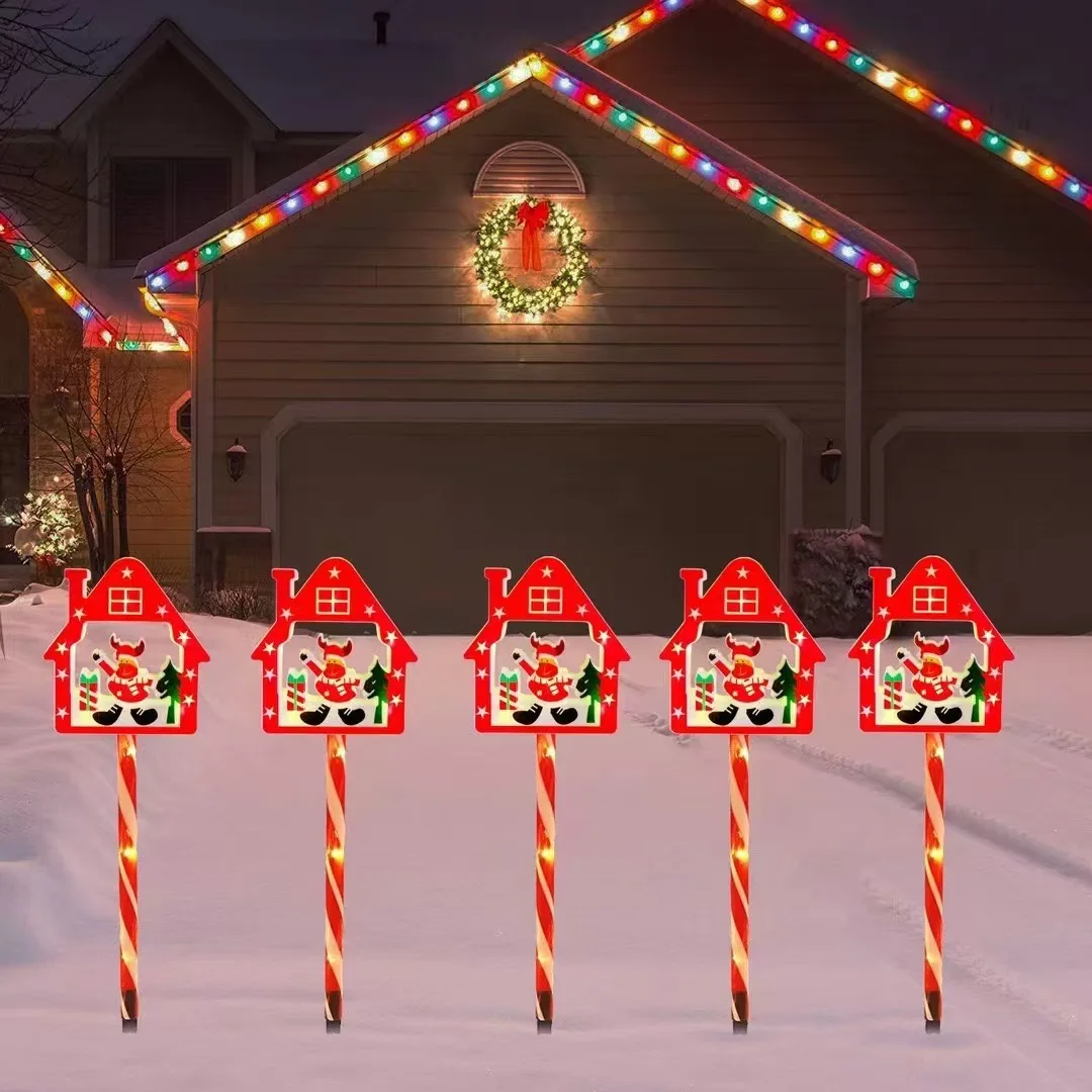 Led Solar Christmas  5in1 12 in 1 Strawberry Snowflake Candy Cane Stake Light For Garden Park Lawn Landscape Holiday Party Decor