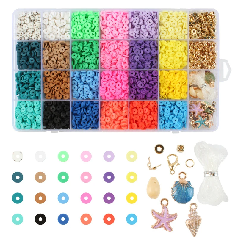 Hot Sale  28 Grids Round Heishi Spacer Bead Kit 6MM Disc Polymer Clay Beads for Bracelets Necklaces Jewelry Making