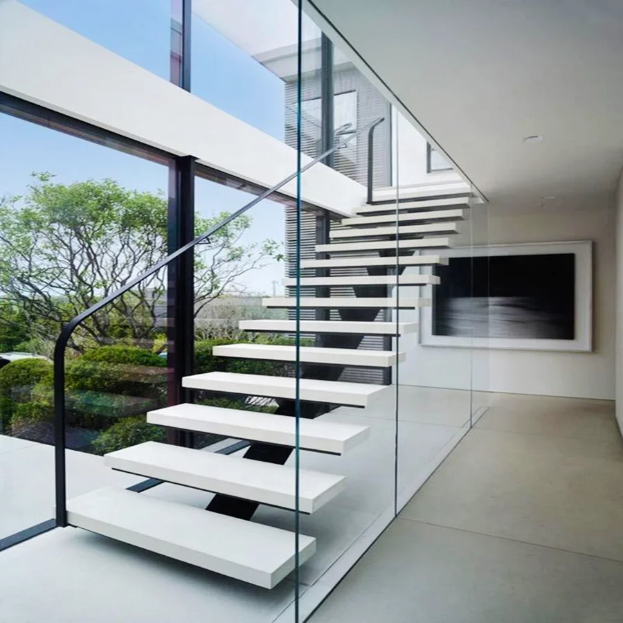 Single Longitudinal Beam Staircase Loft Interior and Exterior Wood Aluminum Rod Railing Wooden Pedal Design Modern Style Stair