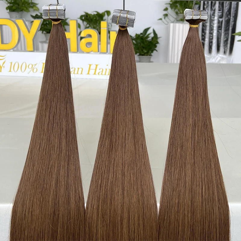 Tape in Raw Brazilian Hair Super Double Drawn Color #4 Chocolate Brown Bone Straight Extensions