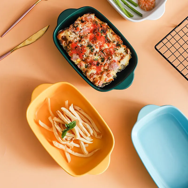 Factory direct supply Nordic ceramic plate with handle cheese baked rice tray baking tray oven household