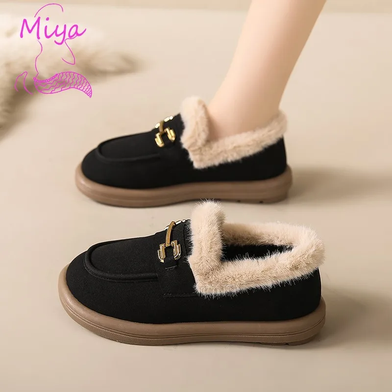 Low-Cut Warm Beanie Cotton Shoes Winter Velvet Thickened Flat Bean Shoes Lamb Wool Round Toe Snow Boots for Women