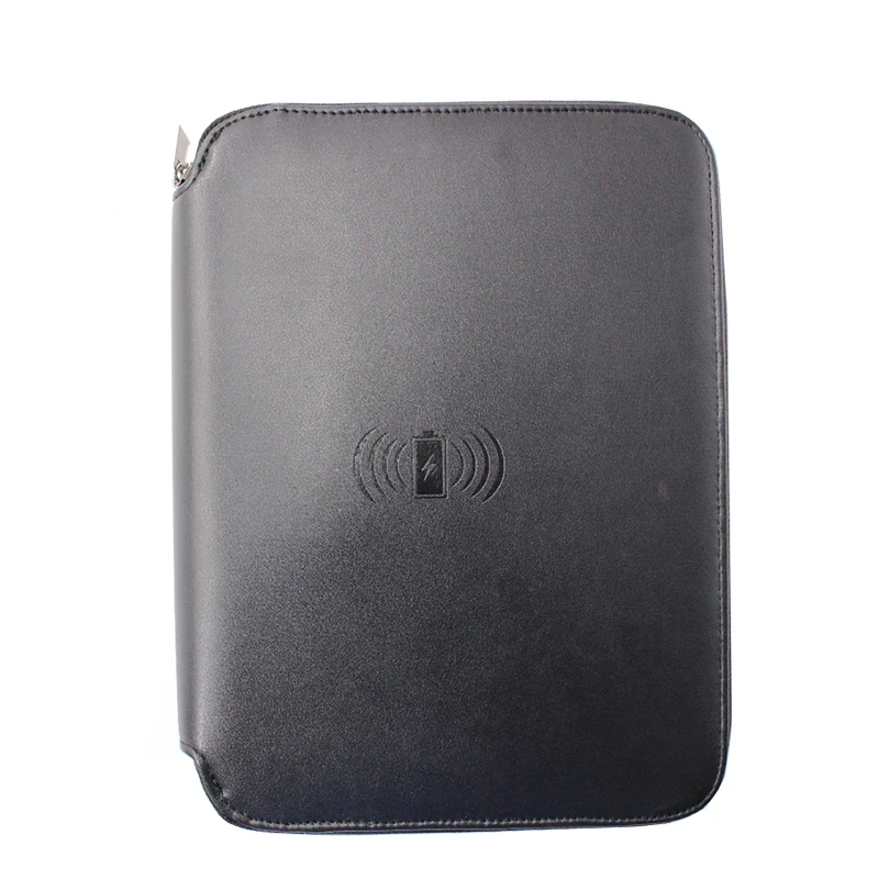 A5 Leather Notebook with Zipper Wireless Power Bank Portfolio File Folder Men Leather Powerbank Spiral / for Business Office