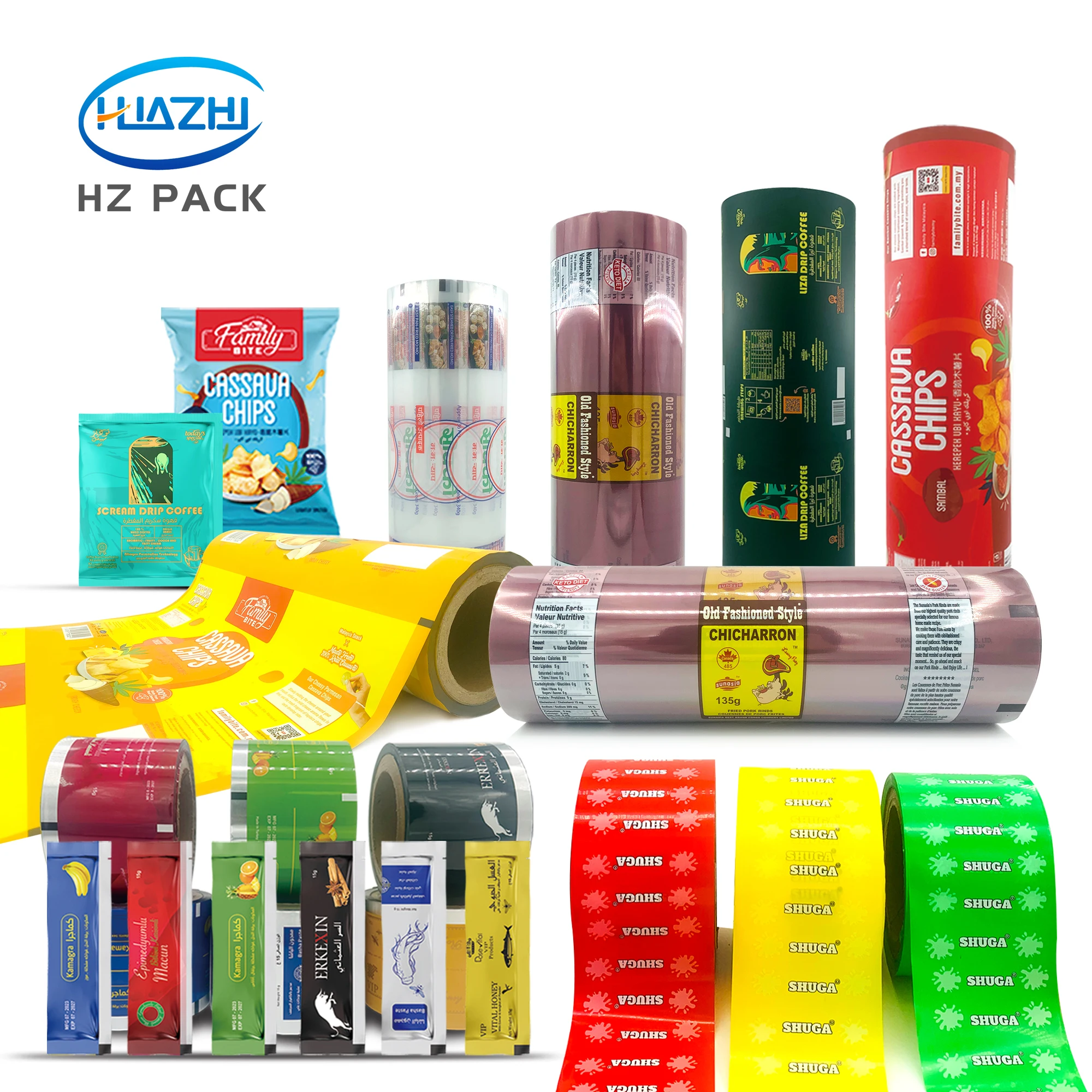 HZ PACK China Colorful Printed Packaging Film Roll Food Grade Material Sachet For Automatic Packing Machine Snacks Biscuit