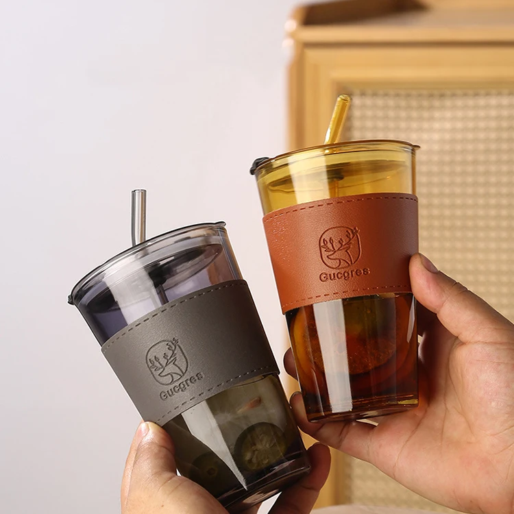 Hot selling Leather Protective Sleeve Glass Cup 450ml Glass Tumbler Sleeve Coffee Cup with Straw and Lid