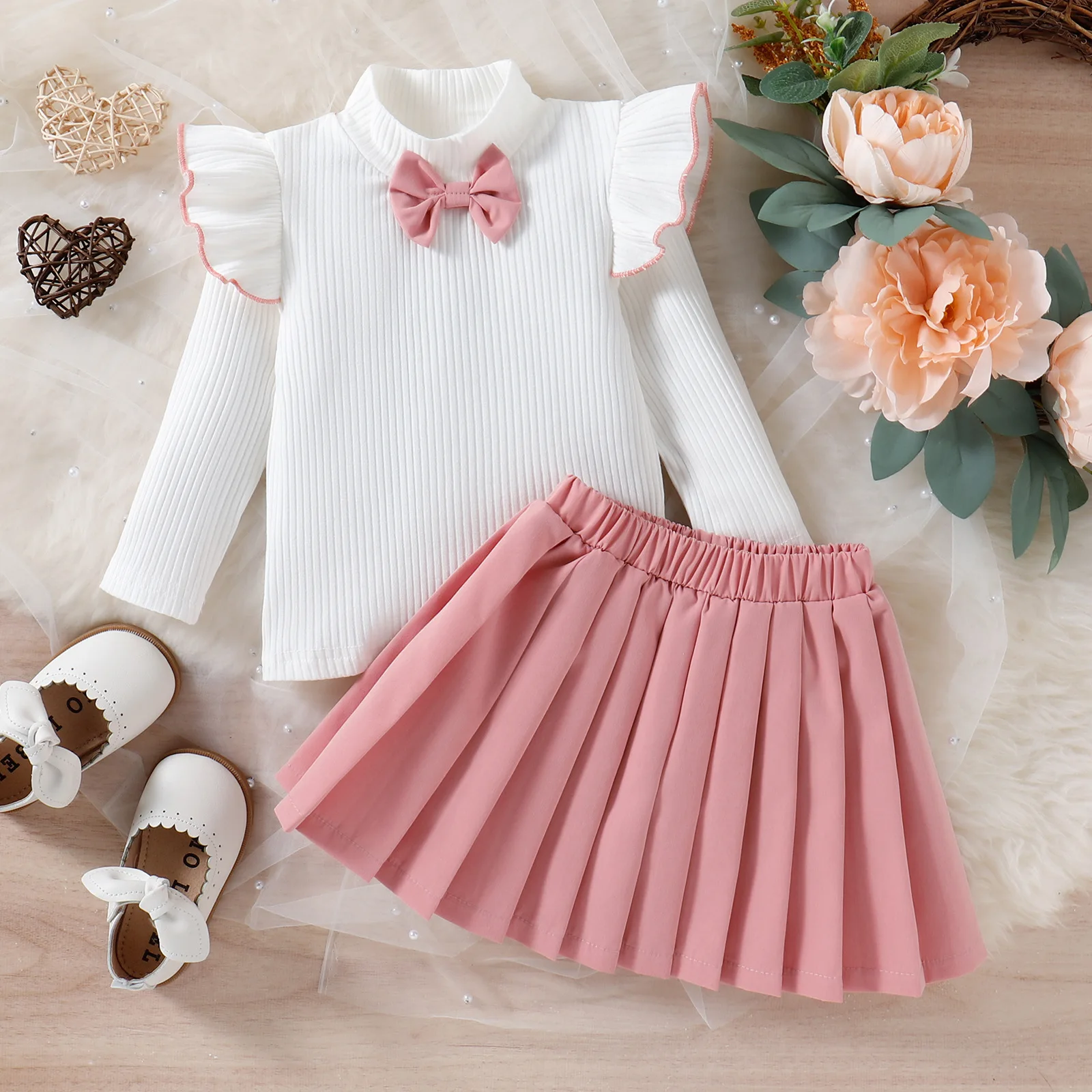 Autumn Flying Sleeve Cute Bow Top Pleated Skirt Set For Girls Clothes Pit Strip Knitted Sweater Kid Clothing Wholesale For Girls