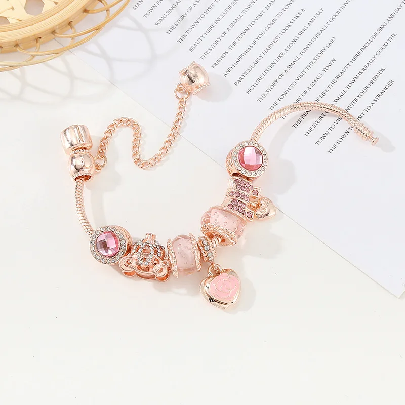Love Gift to Mom Original charm bracelet  Pink Rose Heart Charm fit Rose Gold Snake Bead Bracelet