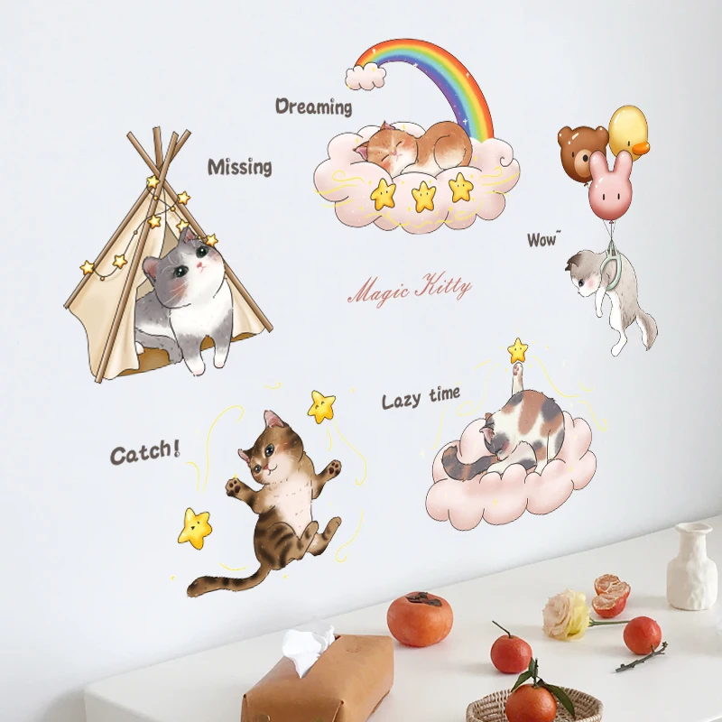Cartoon magic kitty cute cat sticker Kids room rainbow wallpaper for baby room decoration