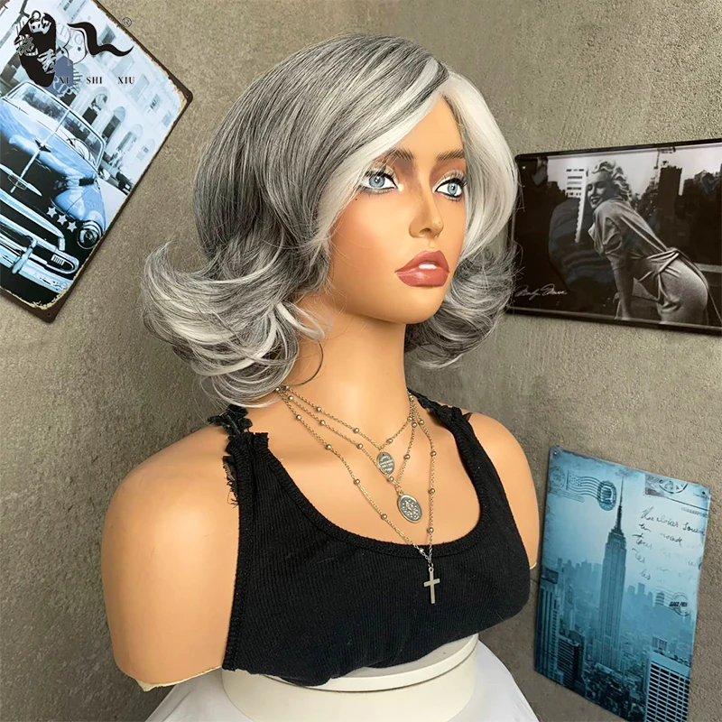 XISHIXIUHAIR short synthetic hair bob wig with kinky straight grey mixed color bob hair synthetic wigs for women